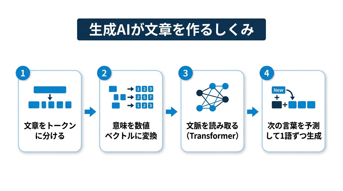 生成AIが文章を作るしくみの4ステップの図。1.文章をトークンに分ける、2.意味を数値ベクトルに変換、3.文脈を読み取る(Transformer)、4.次の言葉を予測して1語ずつ生成