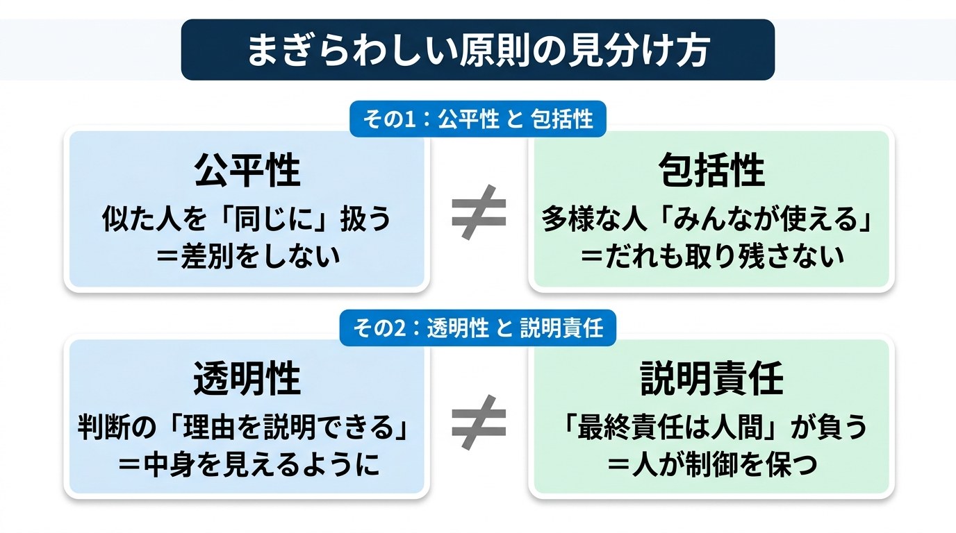 まぎらわしい原則の見分け方の図。公平性（似た人を同じに扱う＝差別しない）と包括性（多様な人みんなが使える＝取り残さない）、透明性（判断の理由を説明できる）と説明責任（最終責任は人間が負う）の違いを対比