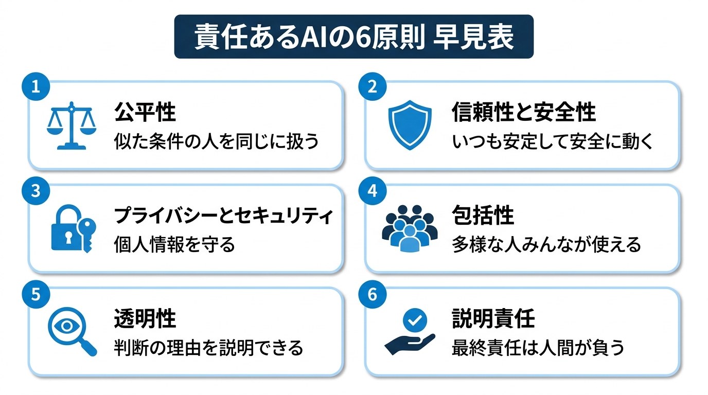 責任あるAIの6原則 早見表。①公平性=似た条件の人を同じに扱う、②信頼性と安全性=いつも安定して安全に動く、③プライバシーとセキュリティ=個人情報を守り本人が管理できる、④包括性=多様な人みんなが使える、⑤透明性=判断の理由を説明できる、⑥説明責任=最終責任は人間が負う