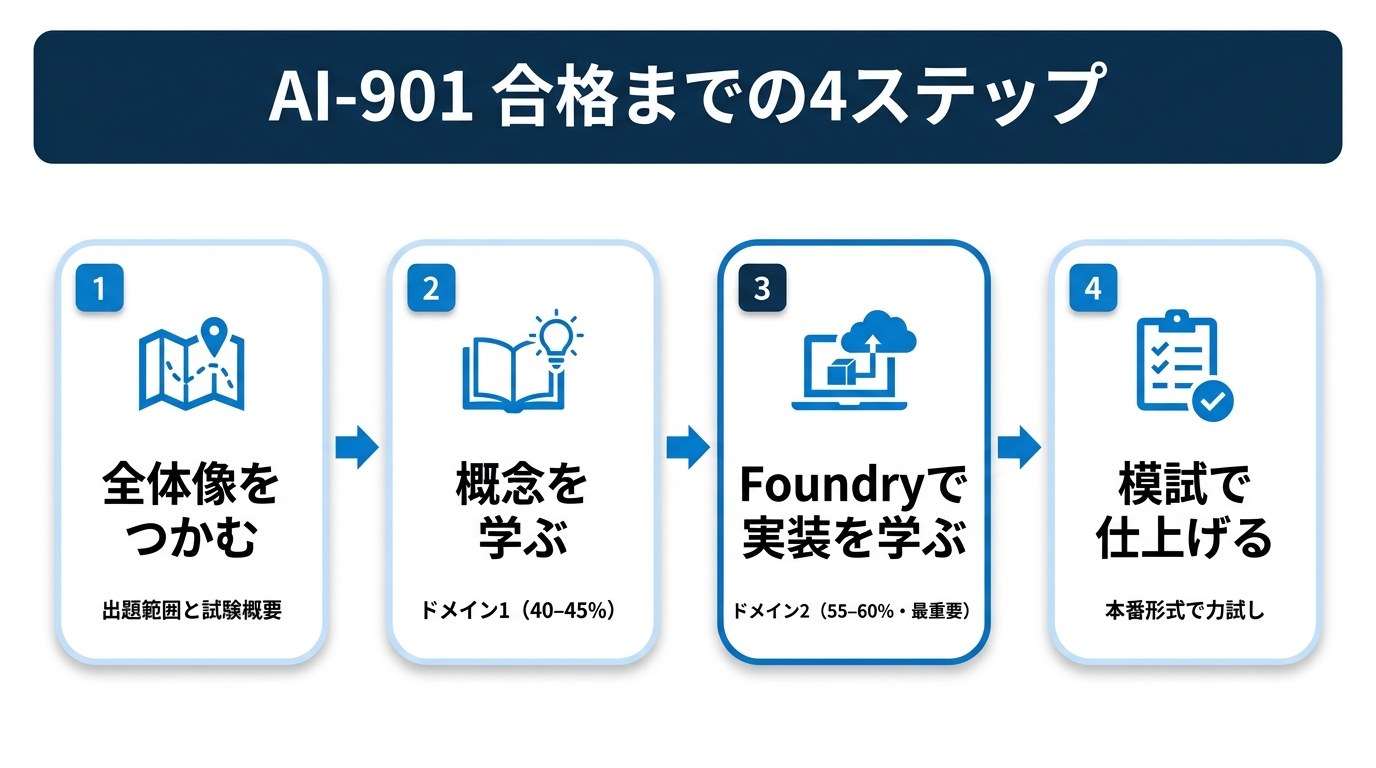 AI-901合格までの4ステップの図。STEP1全体像をつかむ(出題範囲と試験概要)、STEP2概念を学ぶ(ドメイン1・40-45%)、STEP3 Foundryで実装を学ぶ(ドメイン2・55-60%・最重要)、STEP4模試で仕上げる(本番形式で力試し)