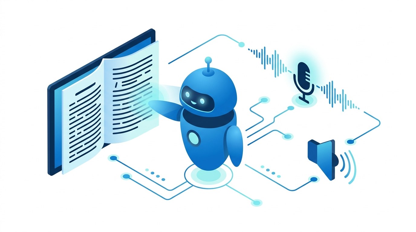 ロボットが文章を分析しつつ、マイクで音声を聞き取りスピーカーで読み上げる、テキストと音声を扱うイメージ図