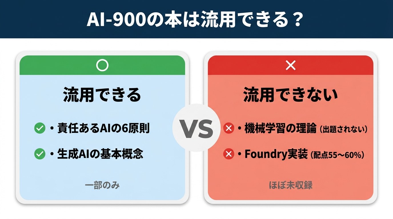 AI-900向けの本の流用可否：流用できるのは責任あるAIの6原則・生成AIの基本概念など一部のみ。機械学習の理論（回帰・分類・クラスタリング・Transformer）はAI-901では出題されず、Foundryでの実装（配点55〜60%）はAI-900の本にほとんど載っていない
