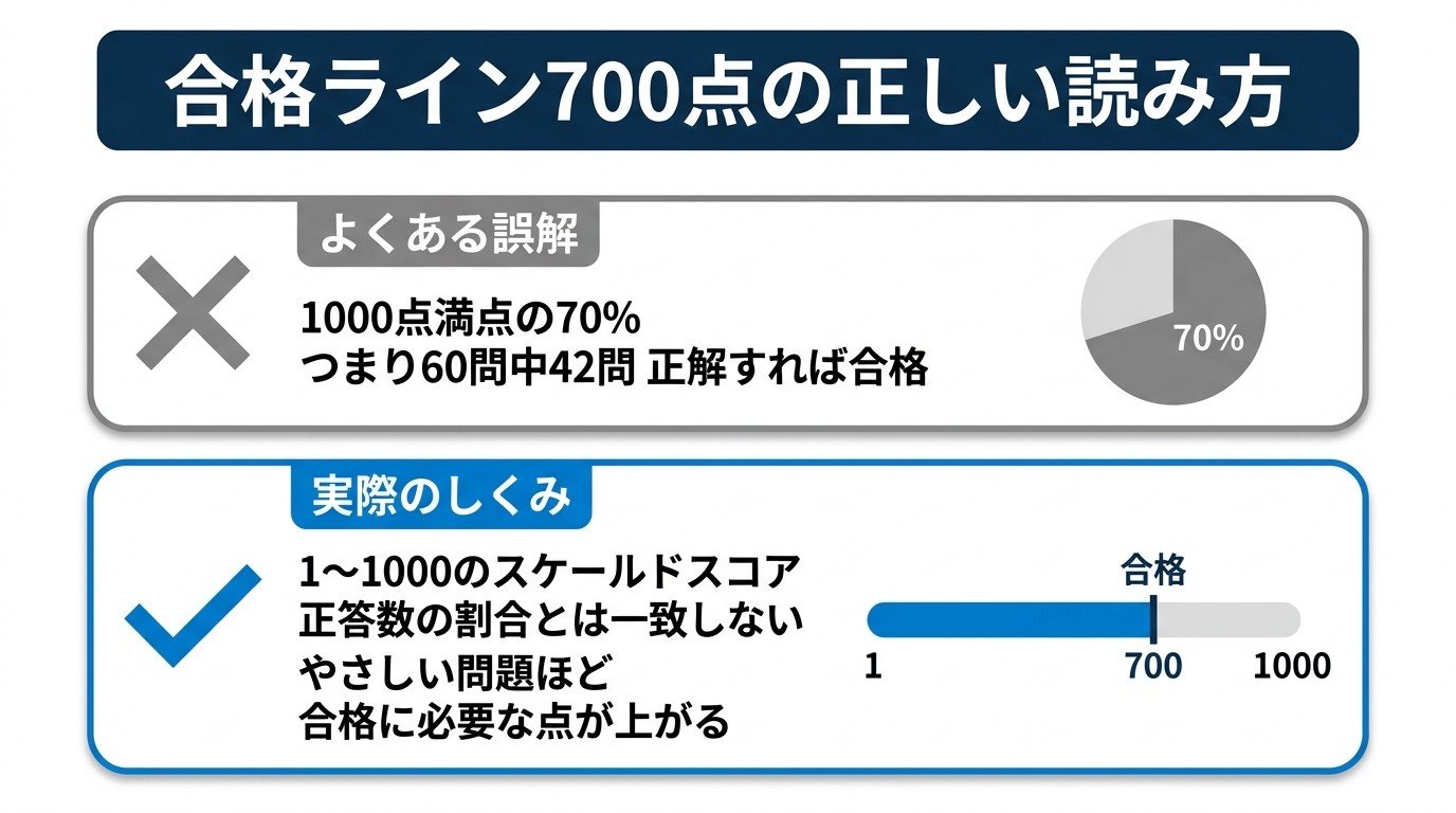 合格ライン700点の正しい読み方。よくある誤解は「1000点満点の70%、つまり60問中42問正解すれば合格」。実際は1〜1000のスケールドスコアで、正答数の割合とは一致せず、やさしい問題ほど合格に必要な点が上がる