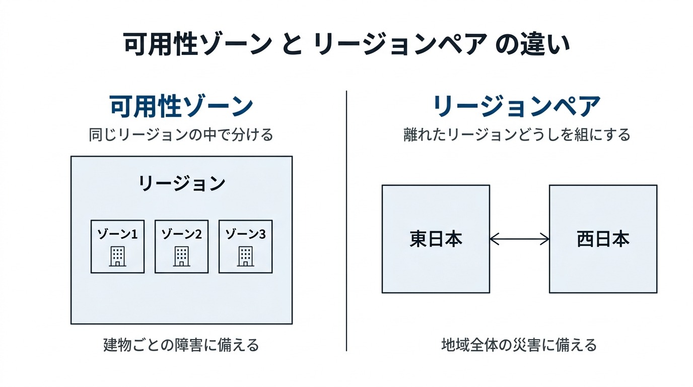 可用性ゾーンとリージョンペアの違い。可用性ゾーンは同じリージョンの中でゾーン1・2・3に分け、建物ごとの障害に備える。リージョンペアは東日本と西日本のように離れたリージョンどうしを組にして、地域全体の災害に備える